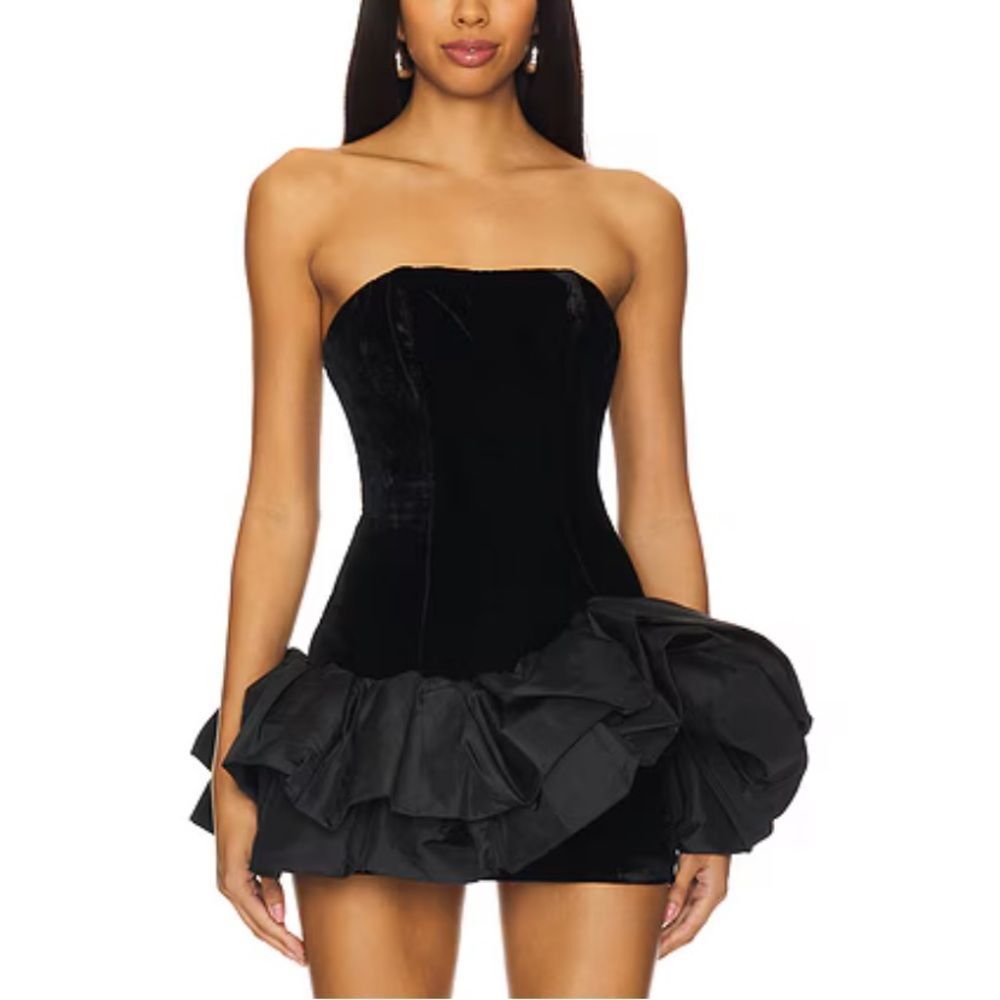NBD Ella Strapless Ruffle Dress Black velvet taffeta party Revolve S